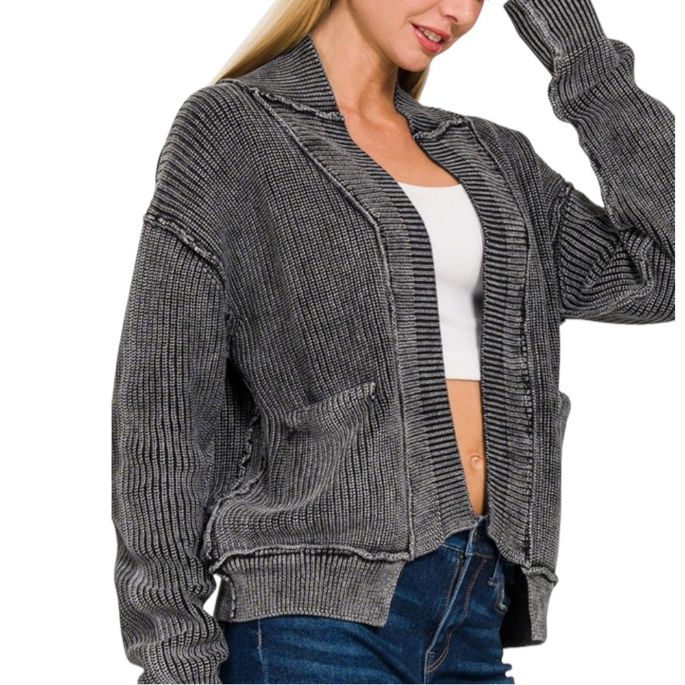 Women's Black Acid Wash Ribbed Drop Shoulder Cardigan NWOT - Picture 3 of 5